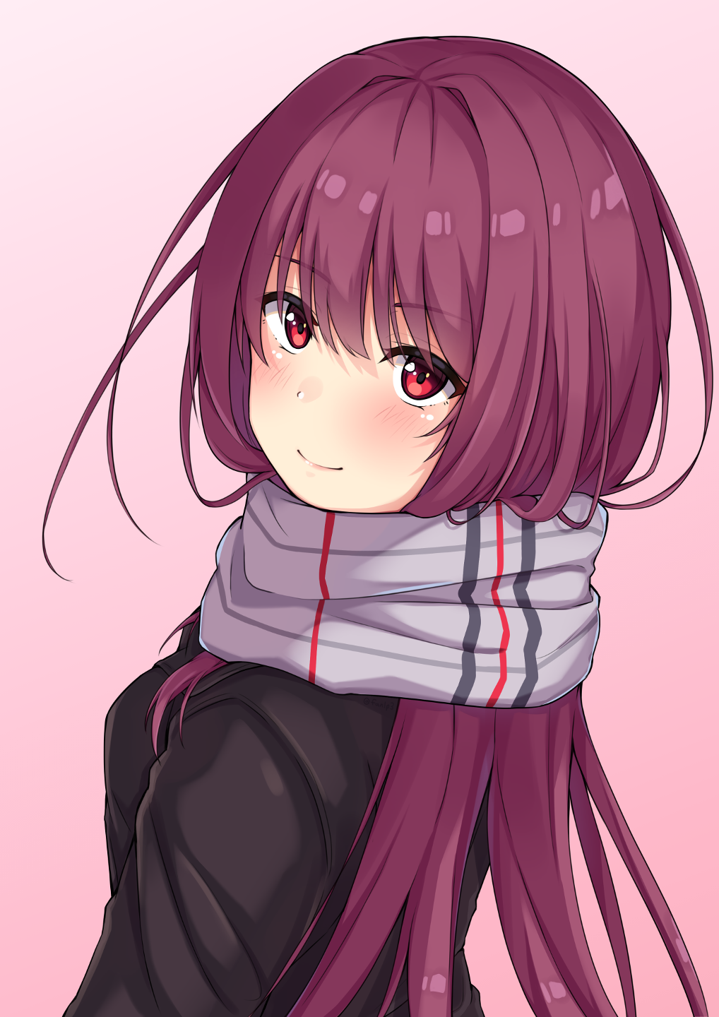 andrew_(fanlp3) eyebrows_visible_through_hair fate/grand_order fate_(series) hair_intakes highres jacket long_hair looking_at_viewer looking_back pink_background purple_hair red_eyes scarf scathach_(fate)_(all) scathach_(fate/grand_order)