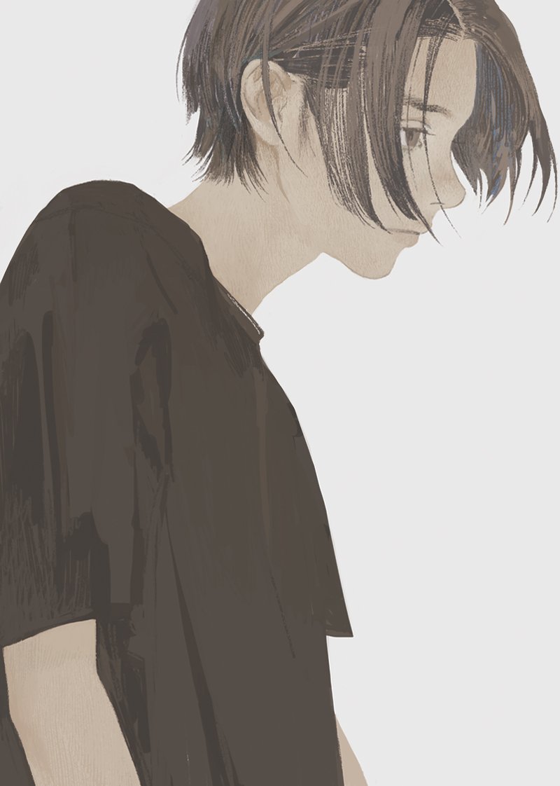 1boy black_shirt brown_eyes brown_hair closed_mouth expressionless from_side grey_background male_focus matayoshi original profile shirt short_sleeves simple_background solo upper_body