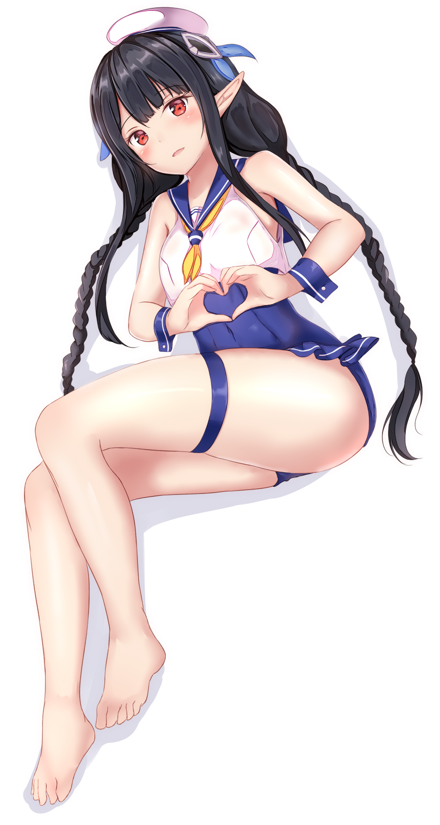 1girl anette_(pso2) ass bangs bare_arms bare_legs bare_shoulders barefoot beret black_hair blue_sailor_collar blue_swimsuit blush braid breasts covered_navel crop_top eyebrows_visible_through_hair full_body hair_ornament hat heart heart_hands highres long_hair looking_at_viewer low_twintails lying mini_hat neckerchief on_side parted_lips phantasy_star phantasy_star_online_2 pointy_ears red_eyes sailor_collar shadow shirt sidelocks simple_background sleeveless sleeveless_shirt small_breasts solo swimsuit thigh_strap thighs twin_braids twintails white_background white_hat white_shirt wrist_cuffs yellow_neckwear yuano