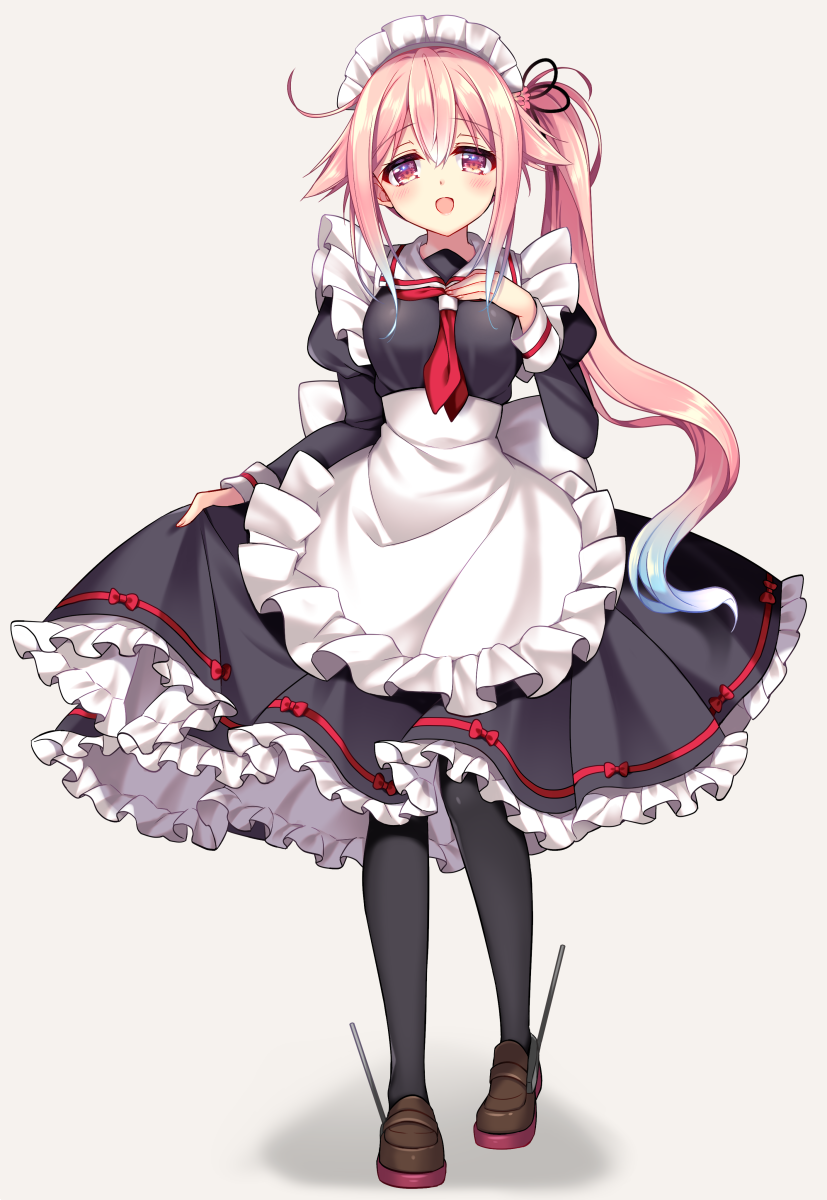 1girl alternate_costume apron black_dress black_legwear blue_hair blush breasts dress enmaided eyebrows_visible_through_hair gradient_hair hair_between_eyes hair_flaps hair_ornament hand_on_own_chest harusame_(kantai_collection) heart highres holding_dress kantai_collection long_hair looking_at_viewer maid maid_headdress medium_breasts multicolored_hair neckerchief open_mouth pantyhose pink_eyes pink_hair red_neckwear ringo_sui side_ponytail sidelocks simple_background smile solo very_long_hair white_apron