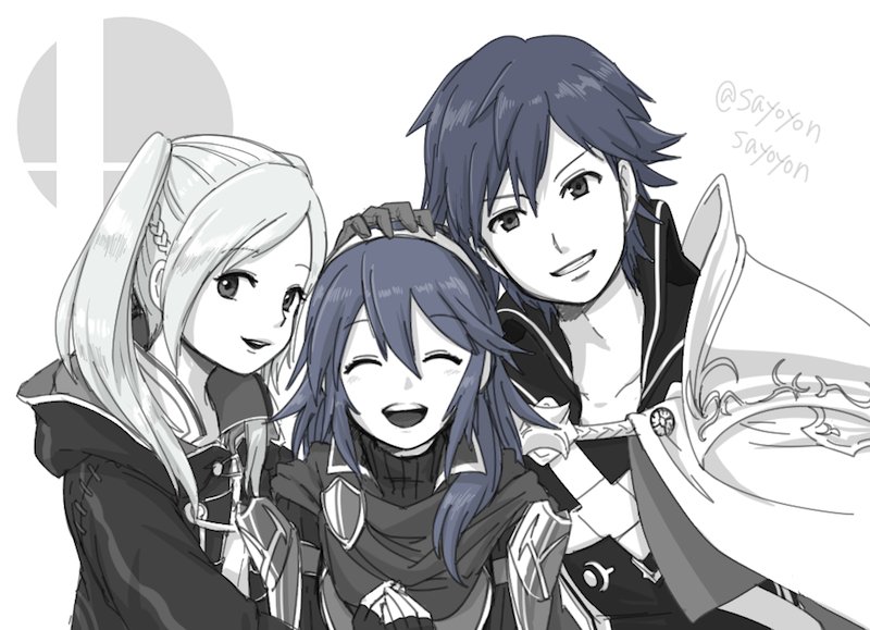 braid cape cloak closed_eyes female_my_unit_(fire_emblem:_kakusei) fire_emblem fire_emblem:_kakusei gloves greyscale grin hairband hand_on_another's_head krom long_hair looking_at_viewer lucina monochrome my_unit_(fire_emblem:_kakusei) nintendo ribbed_shirt sayoyonsayoyo shirt short_hair shoulder_armor simple_background smile super_smash_bros. super_smash_bros._ultimate turtleneck twintails twitter_username white_background