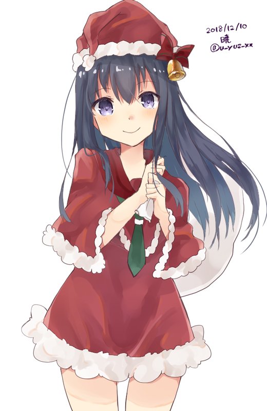1girl akatsuki_(kantai_collection) alternate_costume bell black_hair capelet character_name dated dress fur_trim green_neckwear hair_between_eyes hat kantai_collection long_hair looking_at_viewer neckerchief red_dress sack santa_hat simple_background smile solo standing twitter_username u_yuz_xx violet_eyes white_background