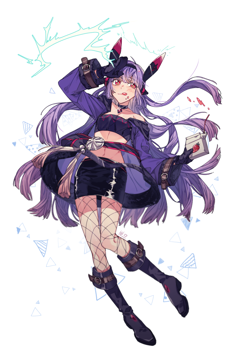 1girl belt black_choker black_footwear black_gloves boots character_request choker currypang epic7 fishnet_legwear fishnets flat_chest gem gloves highres juice_box knee_boots licking_lips long_hair long_sleeves midriff miniskirt navel pencil_skirt purple_hair red_eyes skirt tongue tongue_out white_background