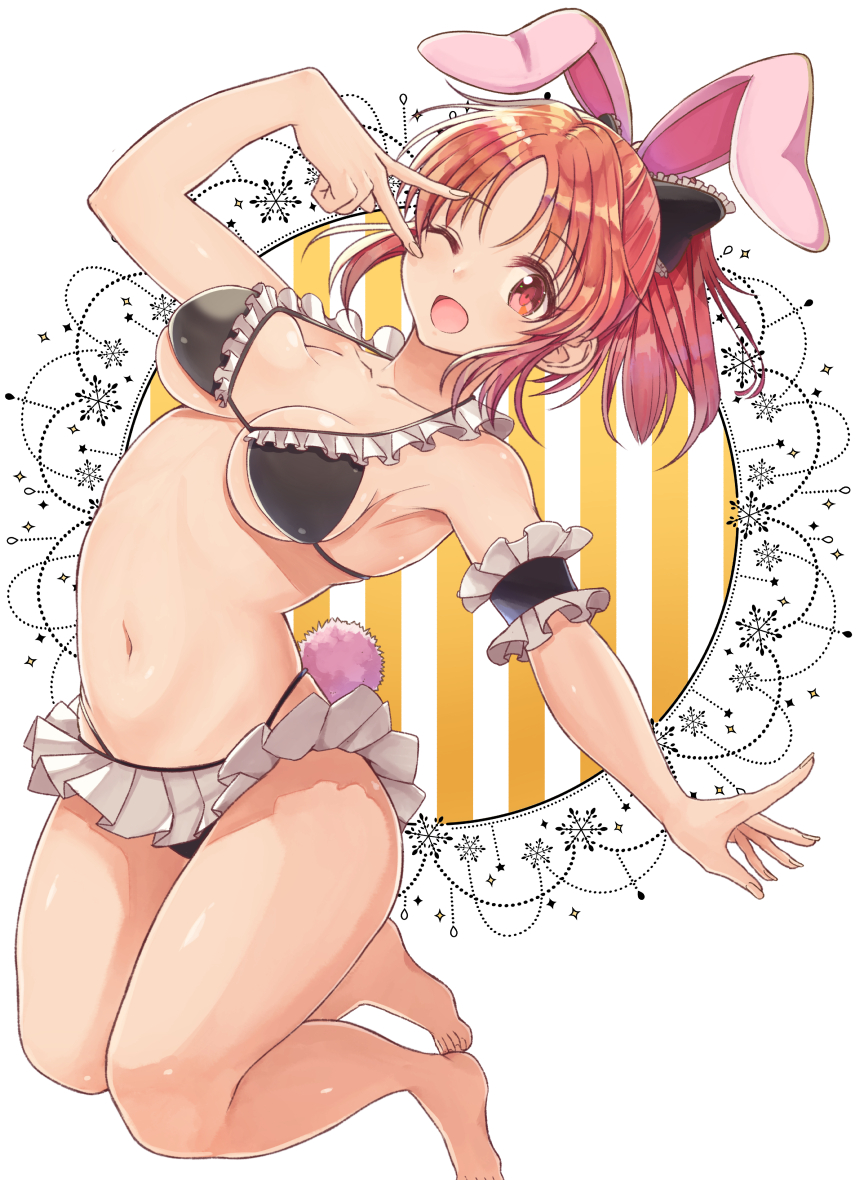 1girl :d ;d abe_nana animal_ears arm_garter arm_up armpits bangs bare_arms bare_legs bare_shoulders barefoot bikini bikini_skirt black_bikini black_bow blush bow breasts brown_hair collarbone eyebrows_visible_through_hair fingernails frilled_bikini frills hair_bow idolmaster idolmaster_cinderella_girls medium_breasts migimaki_(migi_mawashi) navel one_eye_closed open_mouth parted_bangs ponytail rabbit_ears red_eyes sidelocks smile solo striped swimsuit v_over_eye vertical_stripes