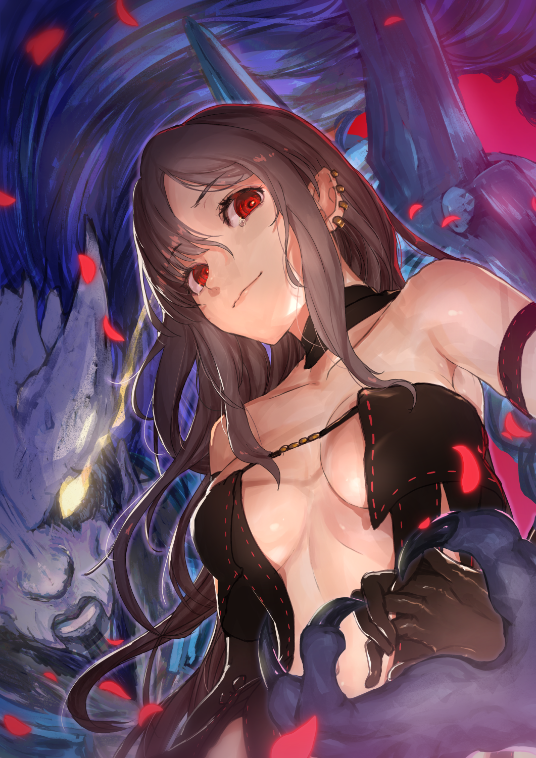 1girl bangs bare_shoulders black_dress breasts brown_hair center_opening choker collarbone commentary_request consort_yu_(fate) dress earrings fate/grand_order fate_(series) from_below hair_between_eyes highres jewelry long_hair looking_at_viewer medium_breasts nijimaarc red_eyes sideboob smile solo strapless strapless_dress