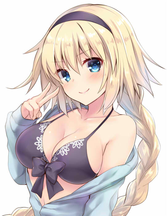 1girl bangs bankoku_ayuya bare_shoulders blonde_hair blue_eyes blue_jacket blush braid breasts cleavage closed_mouth collarbone commentary_request eyebrows_visible_through_hair fate/grand_order fate_(series) hair_between_eyes hairband hand_up jacket jeanne_d'arc_(fate)_(all) jeanne_d'arc_(swimsuit_archer) large_breasts long_hair long_sleeves looking_at_viewer navel off_shoulder simple_background single_braid sleeves_past_wrists smile solo upper_body v v-shaped_eyebrows white_background