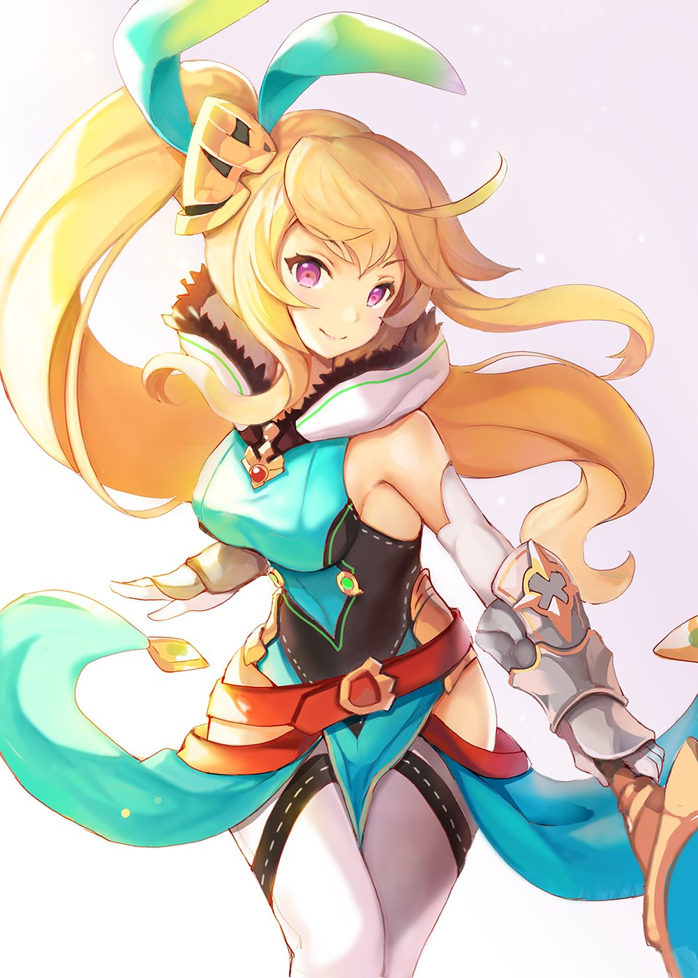 1girl bangs bare_shoulders blonde_hair bow breasts closed_mouth commentary_request dragalia_lost elbow_gloves elisanne floating_hair gloves green_bow hair_bow highres long_hair looking_at_viewer medium_breasts pelvic_curtain pink_eyes sibyl side_ponytail smile solo standing thigh-highs very_long_hair white_legwear