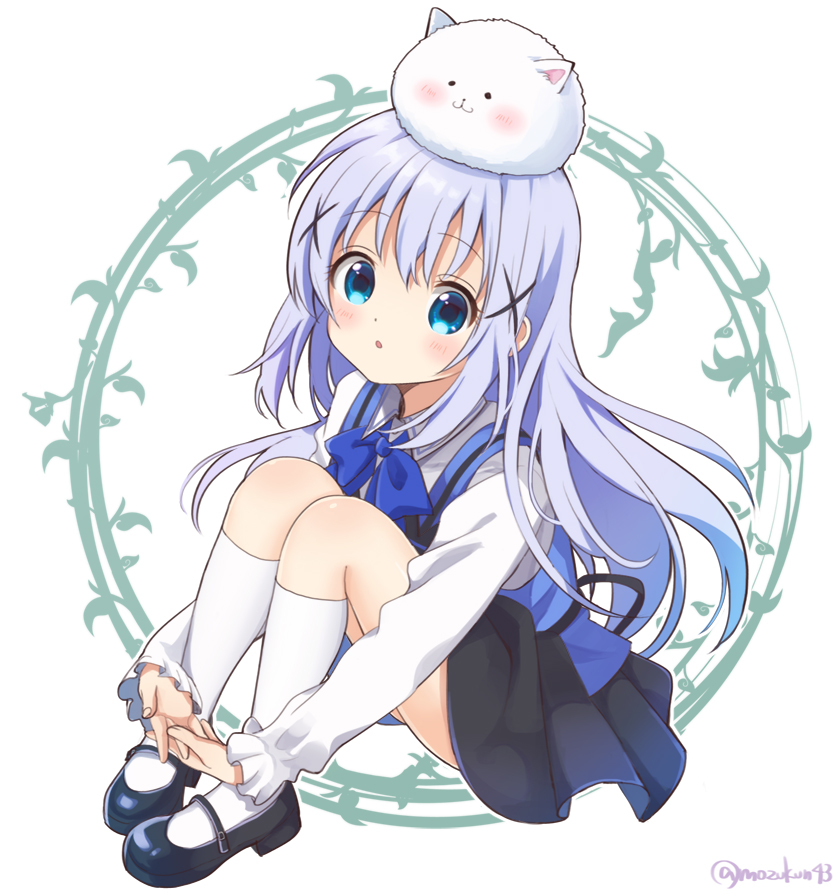 1girl :o bangs black_footwear black_ribbon black_skirt blue_bow blue_eyes blue_neckwear blush bow bowtie eyebrows_visible_through_hair floating_hair full_body gochuumon_wa_usagi_desu_ka? hair_between_eyes kafuu_chino kneehighs kusomozuku long_hair long_sleeves looking_up mary_janes pleated_skirt rabbit_house_uniform ribbon shirt shoes silver_hair sitting skirt solo tippy_(gochiusa) twitter_username very_long_hair white_background white_legwear white_shirt