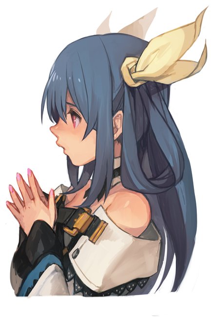 1girl bare_shoulders blue_hair bow copyright_request detached_collar dizzy_(guilty_gear) fingernails fingers_together from_side guilty_gear hair_bow hankuri long_hair nail_polish own_hands_together parted_lips pink_nails profile red_eyes simple_background solo white_background yellow_bow