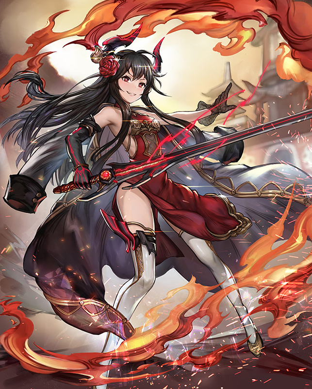 1girl architecture bare_shoulders black_gloves black_hair breasts china_dress chinese_clothes dress east_asian_architecture elbow_gloves fire flower glint gloves hair_flower hair_ornament holding holding_sword holding_weapon horns jacket jacket_removed long_hair looking_at_viewer original outdoors red_dress red_eyes redamon small_breasts smile solo standing sword thigh-highs very_long_hair weapon white_legwear yellow_footwear