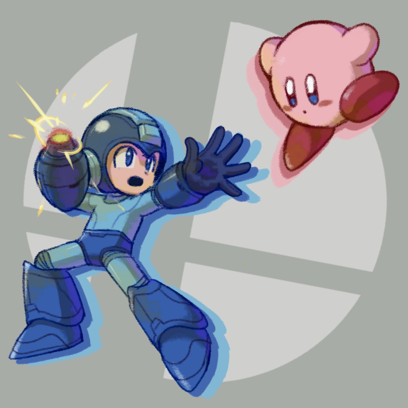 1boy arm_cannon blue_eyes full_body gloves helmet highres kirby kirby_(series) male_focus nintendo open_mouth rockman rockman_(character) rockman_(classic) rockmasho simple_background super_smash_bros. super_smash_bros._ultimate weapon