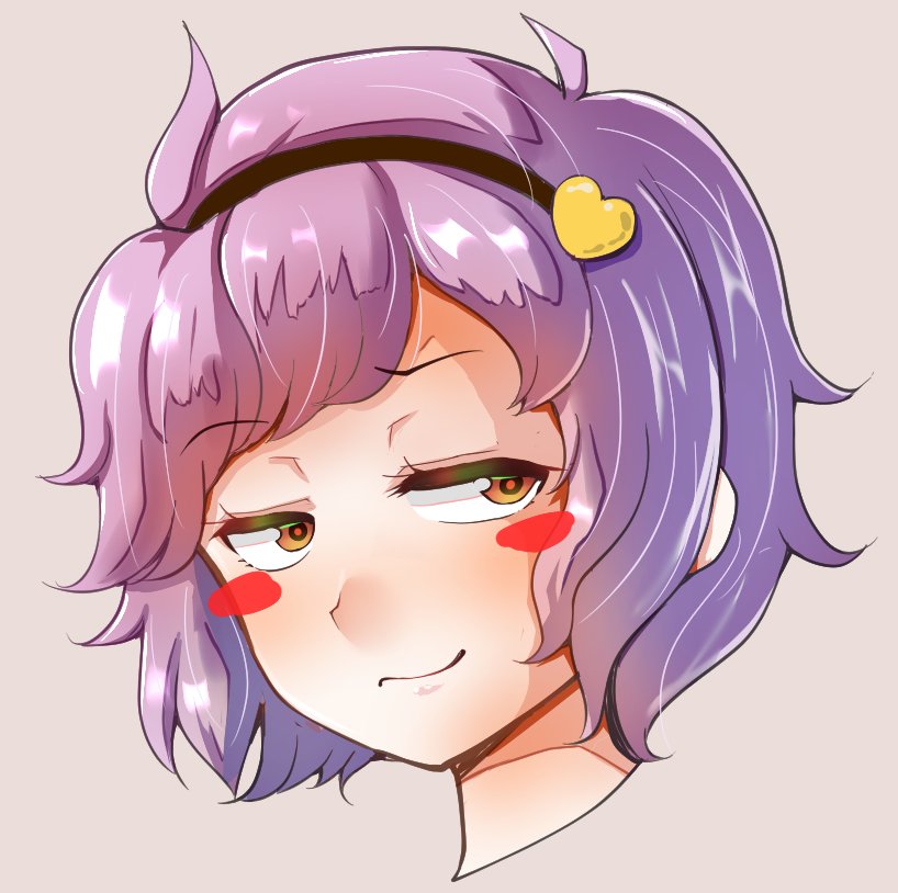 1girl bangs blush blush_stickers brown_eyes closed_mouth commentary_request eyebrows_visible_through_hair grey_background hair_ornament hairband haruka_(haruka_channel) heart heart_hair_ornament komeiji_satori looking_at_viewer portrait purple_hair short_hair simple_background smile solo touhou