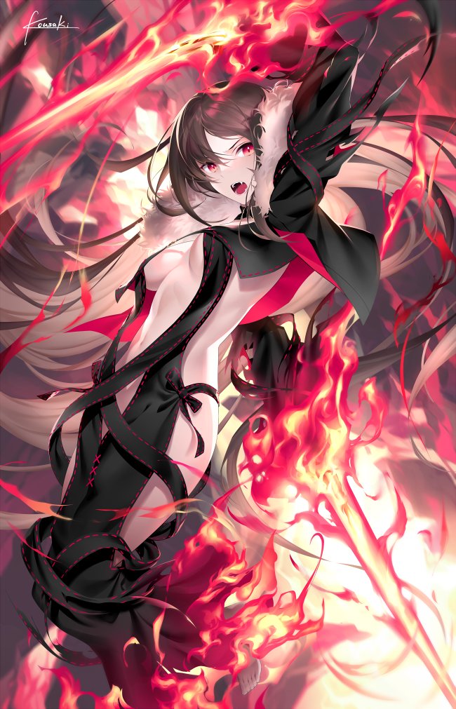 1girl arm_strap arm_up bangs bare_shoulders black_dress black_gloves blurry blurry_foreground breasts brown_hair center_opening choker collarbone consort_yu_(fate) depth_of_field dress dual_wielding earrings elbow_gloves fangs fate/grand_order fate_(series) fire floating_hair gloves holding holding_sword holding_weapon jewelry kousaki_rui light_particles light_rays long_hair looking_at_viewer medium_breasts multiple_earrings navel open_mouth petals red_eyes revealing_clothes sidelocks signature solo strapless strapless_dress sword very_long_hair weapon wind