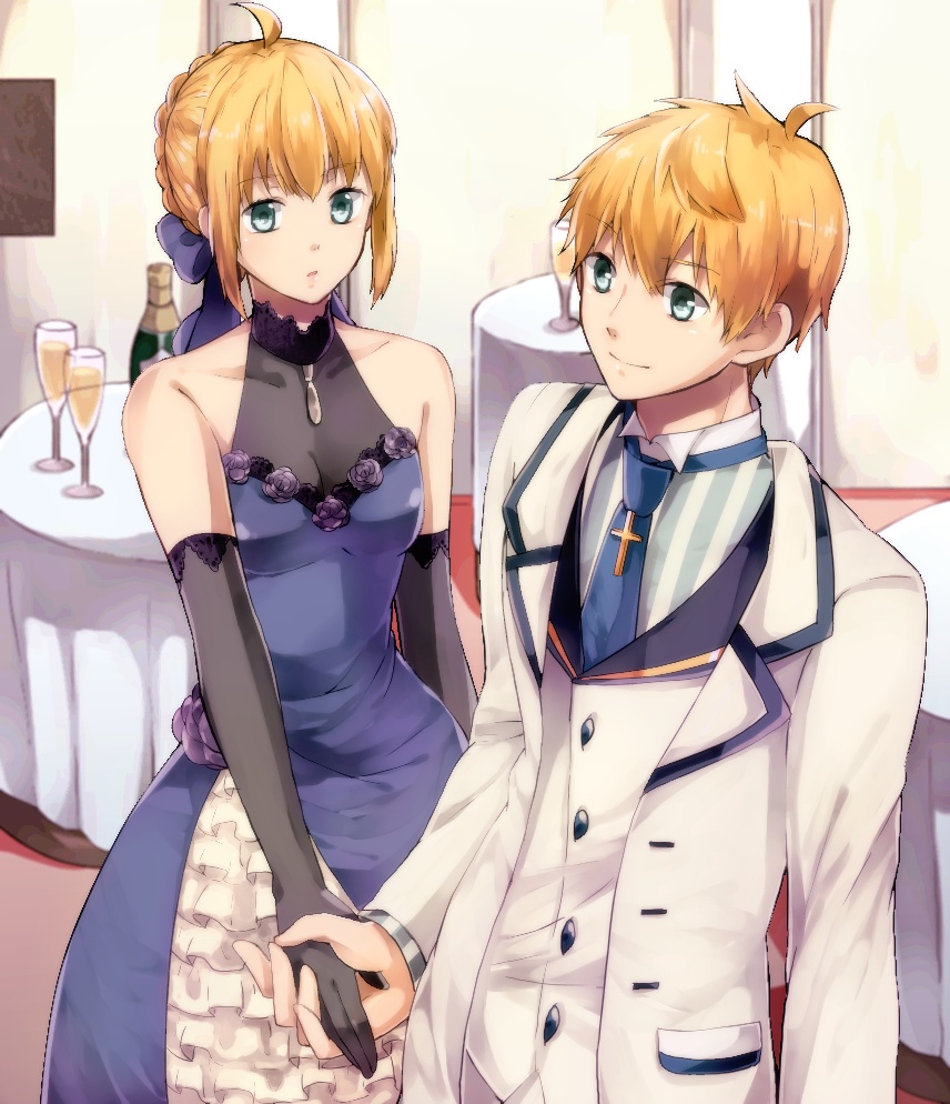 1boy 1girl ahoge arthur_pendragon_(fate) artoria_pendragon_(all) blonde_hair blue_bow blue_dress blue_neckwear bow braided_bun breasts cleavage collarbone couple dress elbow_gloves eyebrows_visible_through_hair fate_(series) formal gloves green_eyes grey_gloves hair_between_eyes hair_bow hand_holding indoors jacket medium_breasts necktie parted_lips saber shiny shiny_hair short_hair sidelocks sleeveless sleeveless_dress smile striped vertical_stripes white_jacket woumu