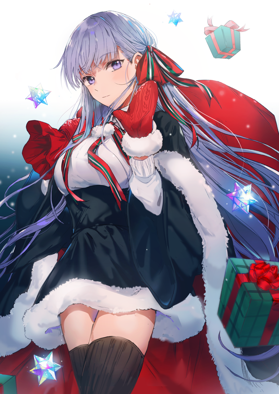 1girl bangs bb_(fate)_(all) bb_(fate/extra_ccc) black_legwear blush breasts cloak commentary_request craft_essence dangmill eyebrows_visible_through_hair fate/extra fate/extra_ccc fate_(series) fur-trimmed_cloak fur-trimmed_mittens fur-trimmed_skirt fur_trim gift hair_ribbon hand_up high-waist_skirt highres holding holding_sack large_breasts long_hair looking_at_viewer mittens purple_hair red_mittens red_ribbon ribbon sack skirt smile solo sweater thigh-highs thighs very_long_hair violet_eyes white_sweater