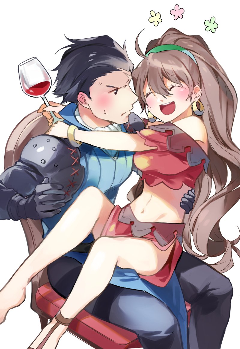 1boy 1girl black_hair blush bracelet brown_hair closed_eyes dancer dress drunk jewelry long_hair necklace oboro_keisuke octopath_traveler olberic_eisenberg open_mouth ponytail primrose_azelhart short_hair simple_background smile