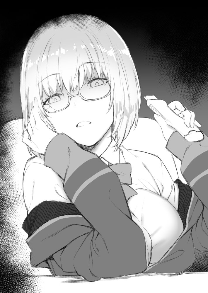 1girl bow bowtie breasts collared_shirt deras empty_eyes eyebrows_visible_through_hair fingernails glasses greyscale hand_up holding jacket large_breasts long_sleeves looking_at_viewer monochrome off_shoulder parted_lips school_uniform semi-rimless_eyewear shinjou_akane shirt short_hair solo ssss.gridman under-rim_eyewear wing_collar