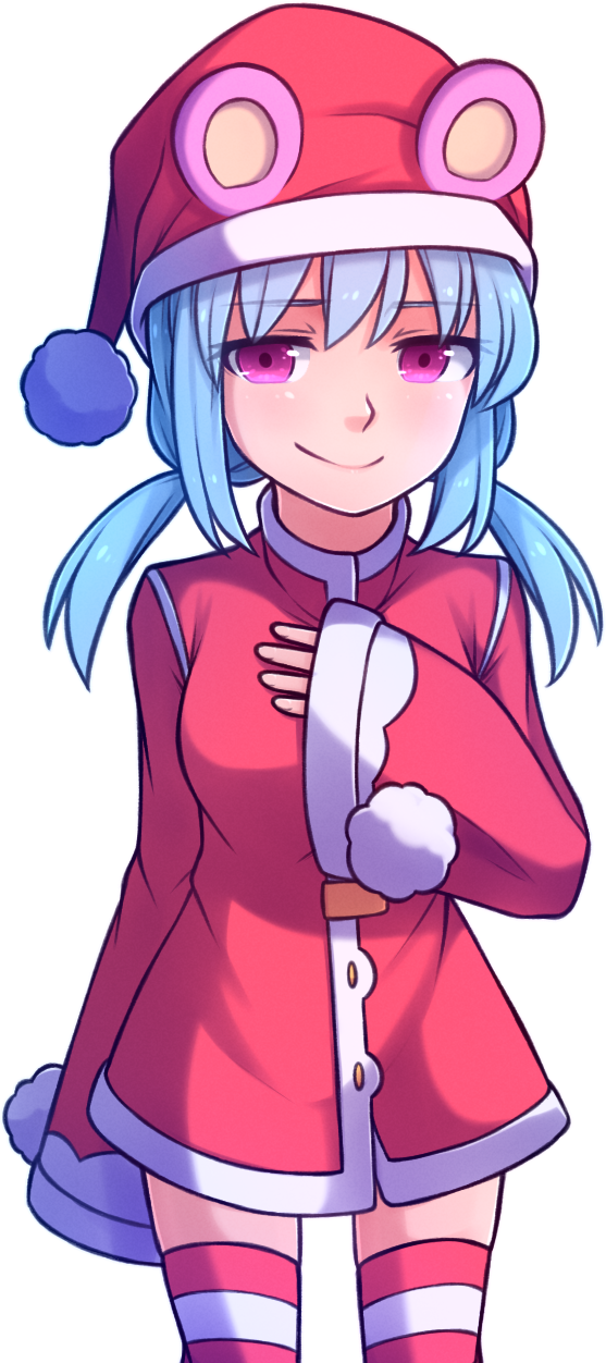 1girl blue_hair coat ears_through_headwear eyebrows_visible_through_hair eyes_visible_through_hair hand_on_own_chest hat highres long_hair long_sleeves looking_at_viewer low_twintails nixie_(rabi_ribi) pink_eyes rabi-ribi santa_costume santa_hat simple_background sleeves_past_wrists smile solo speckticuls striped striped_legwear thigh-highs twintails white_background wide_sleeves