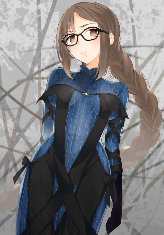 1girl arm_ribbon black-framed_eyewear black_dress black_gloves black_ribbon blue_sweater braid breasts brown_eyes brown_hair center_opening commentary_request consort_yu_(fate) covered_navel dress earrings elbow_gloves fate/grand_order fate_(series) frown glasses gloves jewelry long_hair looking_at_viewer medium_breasts ribbon sakasa_(guranyto) side_cutout sidelocks single_braid solo striped sweater vertical_stripes very_long_hair