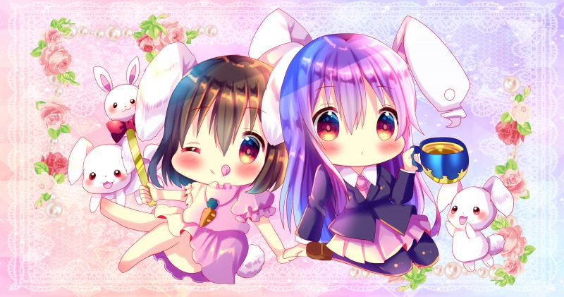 2girls ;q animal_ears arm_up barefoot blue_background blush brown_footwear brown_hair bunny_tail carrot_necklace chibi chocolat_(momoiro_piano) cup dress flower gradient gradient_background hair_between_eyes hands_together holding holding_cup inaba_tewi lace_background lavender_hair leaning_back leg_lift long_hair multiple_girls navy_blue_legwear necktie one_eye_closed pantyhose pearl pink_background pink_dress pink_flower pink_neckwear pink_rose rabbit rabbit_ears red_eyes red_flower red_rose reisen_udongein_inaba rose shirt short_hair sitting suit_jacket tail tongue tongue_out touhou very_long_hair wand wariza white_shirt wing_collar