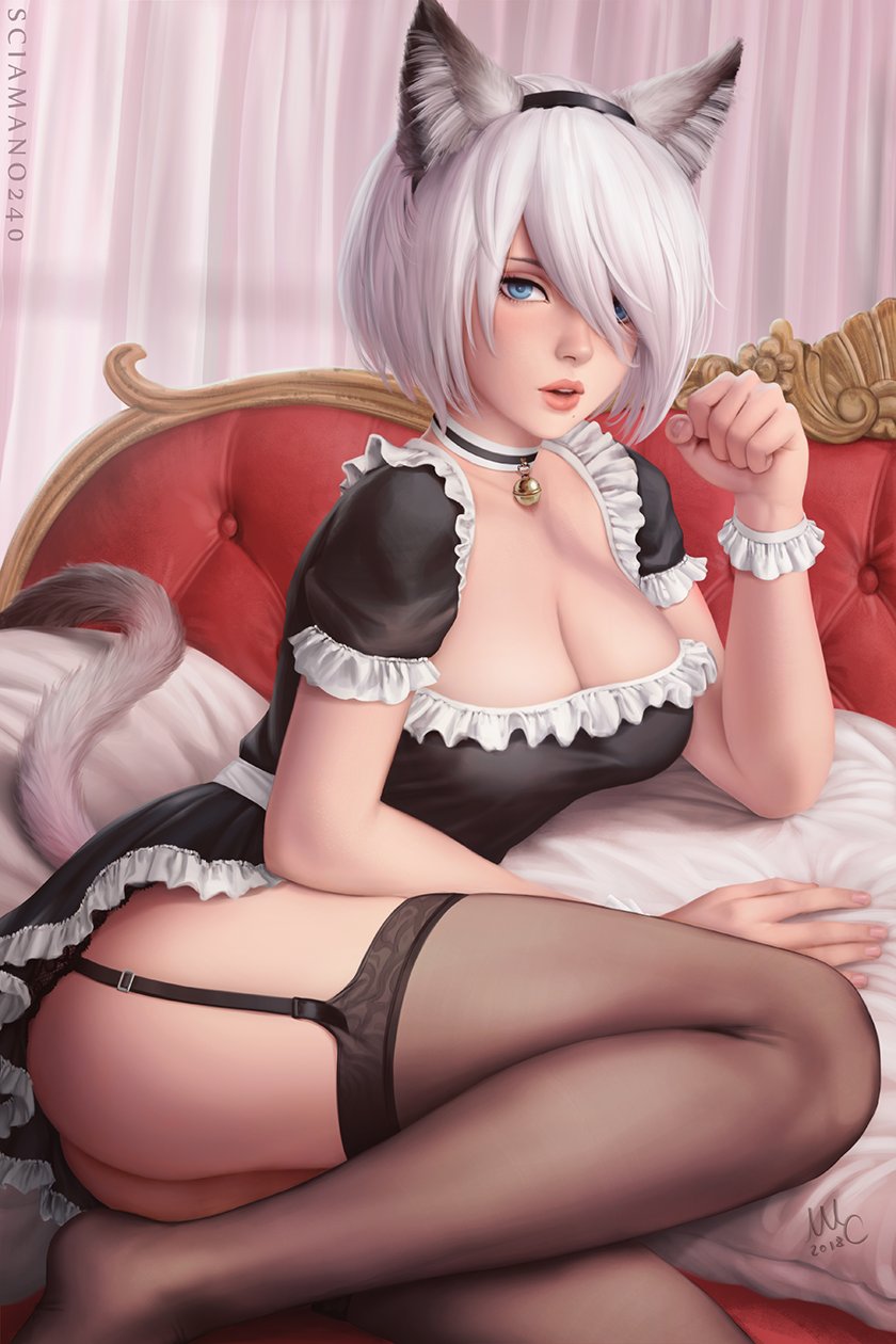 1girl animal_ears ass bell blue_eyes breasts cat_ears cat_tail choker cleavage couch garter_straps headband highres looking_at_viewer lying maid medium_breasts mirco_cabbia on_side parted_lips paw_pose short_hair solo tail thigh-highs white_hair yorha_no._2_type_b