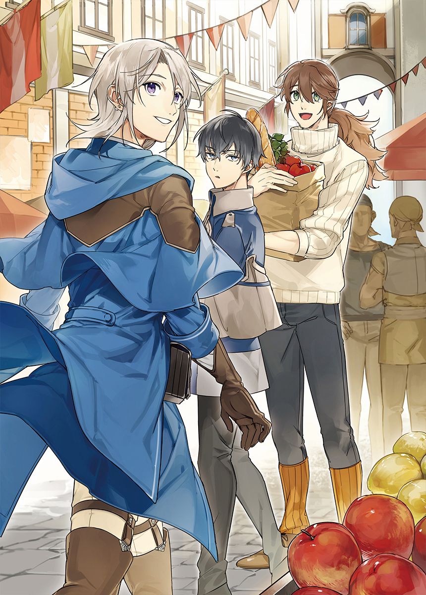 5boys :d apple arch bag baguette bandanna black_hair black_pants blue_eyes blue_jacket boots bread brown_footwear brown_gloves brown_hair city day earrings flag food fruit gloves green_eyes grocery_bag highres jacket jewelry long_hair male_focus multiple_boys odayaka_kizoku_no_kyuuka_no_susume. official_art open_mouth outdoors pants ponytail pouch ribbed_sweater sando_(310_sand) shoes shopping_bag silver_hair smile standing string_of_flags stud_earrings sweater violet_eyes