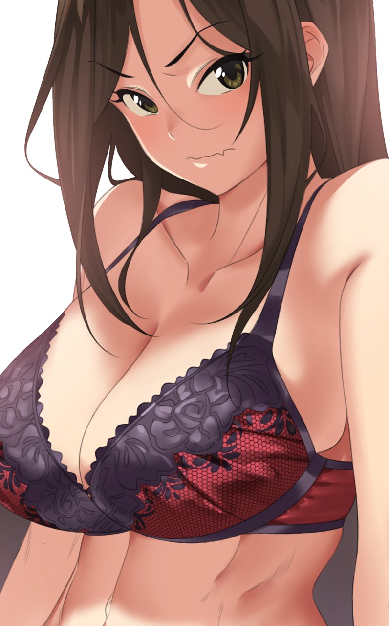 1girl bare_shoulders bra breasts brown_eyes brown_hair cleavage closed_mouth collarbone commentary_request eyebrows_visible_through_hair fang fukushi_ryouhei highres idolmaster idolmaster_cinderella_girls lace lace_bra large_breasts long_hair looking_at_viewer midriff mukai_takumi stomach underwear