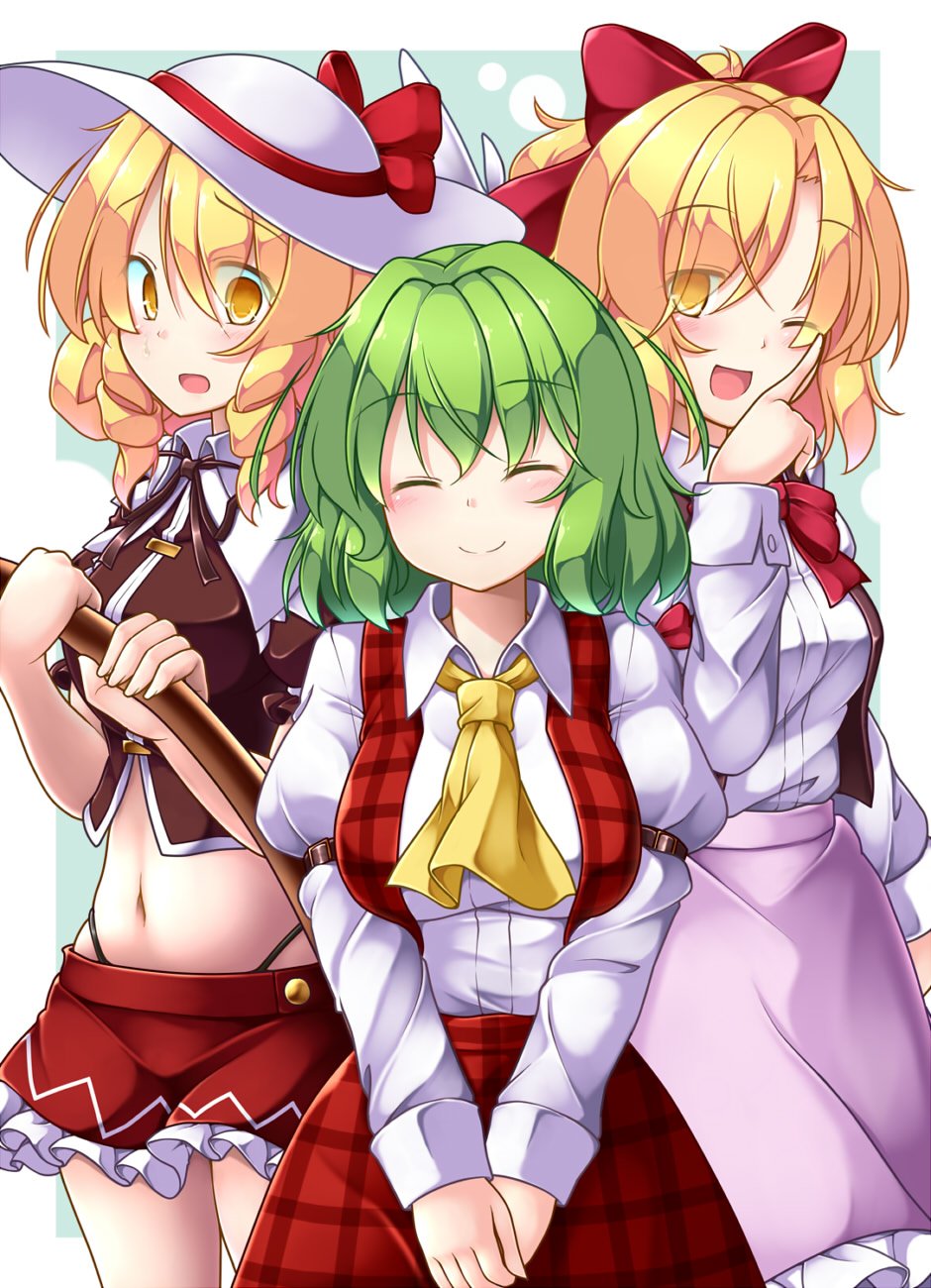 3girls ;d ^_^ aka_tawashi ascot bangs black_neckwear black_panties black_ribbon blonde_hair blush border bow bowtie breasts brown_shirt brown_vest closed_eyes closed_eyes commentary_request cowboy_shot crop_top drill_hair drill_locks elly eyebrows_visible_through_hair eyes_visible_through_hair facing_viewer gengetsu green_background green_hair hair_between_eyes hair_bow half_updo hand_up hat hat_bow highleg highleg_panties highres holding index_finger_raised juliet_sleeves kazami_yuuka large_breasts long_sleeves looking_at_viewer medium_breasts microskirt midriff multiple_girls navel neck_ribbon one_eye_closed open_mouth outside_border panties petticoat pink_skirt plaid plaid_shirt plaid_vest pointing puffy_short_sleeves puffy_sleeves red_bow red_neckwear red_skirt red_vest ribbon shirt short_hair short_sleeves skirt skirt_set smile standing stomach sweat thighs touhou touhou_(pc-98) underwear v_arms vest white_border white_hat white_shirt wing_collar yellow_eyes yellow_neckwear