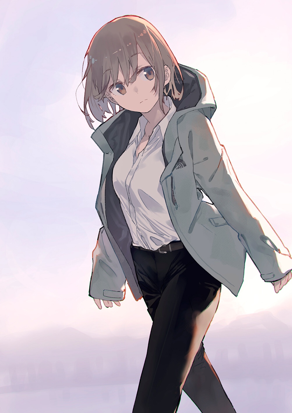 1girl backlighting bangs belt belt_buckle black_pants breasts brown_eyes brown_hair buckle closed_mouth collared_shirt commentary_request drawstring dress_shirt eyebrows_visible_through_hair feet_out_of_frame grey_jacket highres hitogome hood hood_down hooded_jacket jacket long_sleeves looking_at_viewer open_clothes open_jacket original pants shirt shirt_tucked_in short_hair sidelocks sleeves_past_wrists small_breasts solo walking white_background white_shirt
