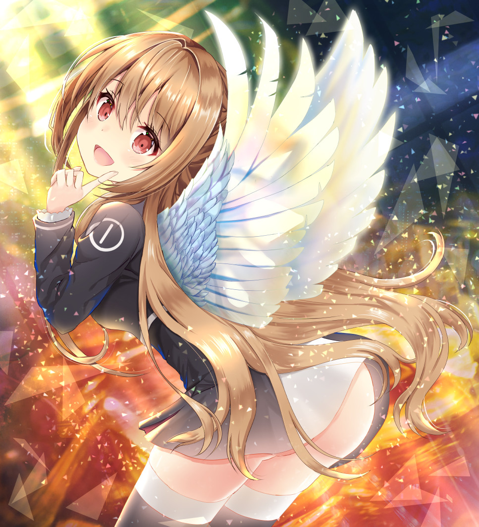 1girl :d arched_back ass bangs black_dress black_legwear blue_wings blush brown_hair commentary_request dress eyebrows_visible_through_hair feathered_wings fingernails game_club_project hair_between_eyes hand_up head_tilt index_finger_raised leaning_forward long_hair long_sleeves looking_at_viewer looking_back mimikaki_(men_bow) open_mouth red_eyes sidelocks smile solo thigh-highs very_long_hair virtual_youtuber wings yumesaki_kaede