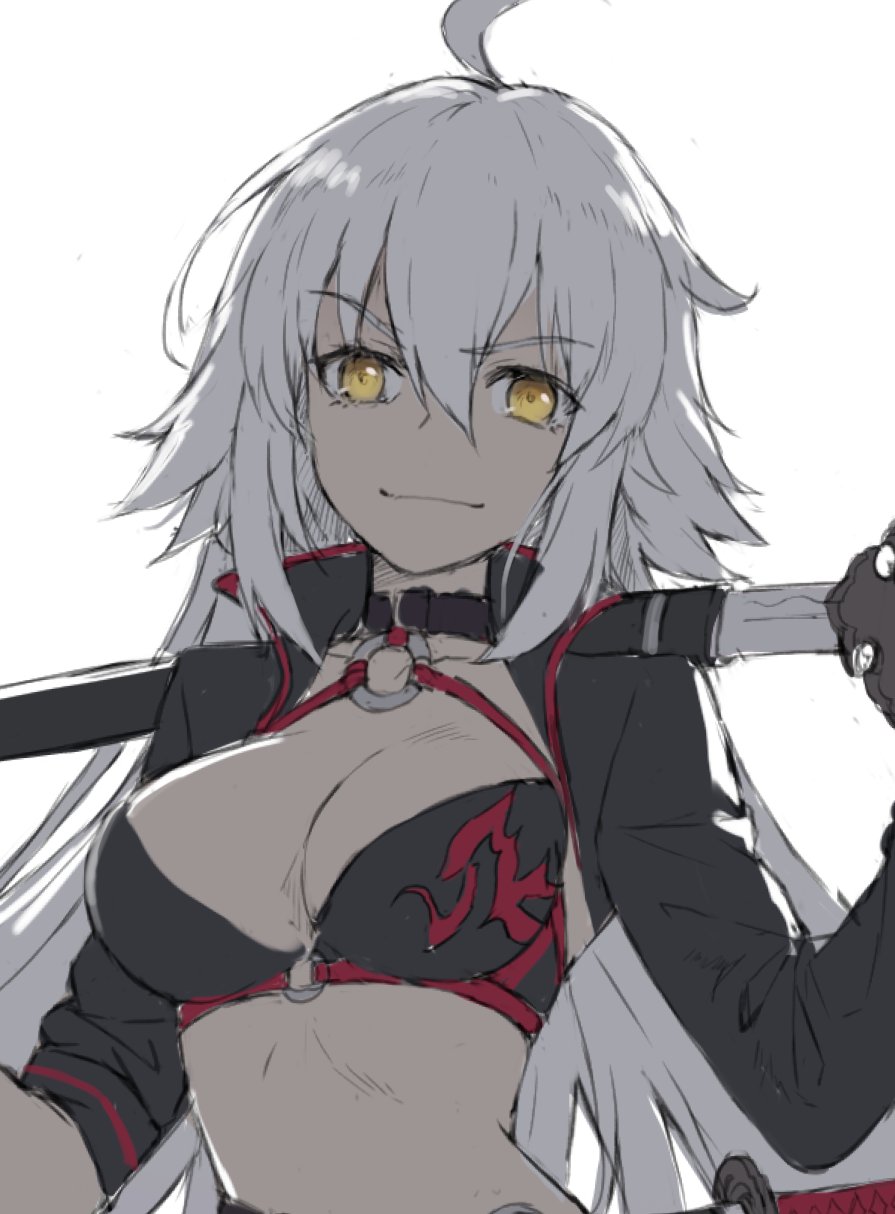 1girl ahoge bangs bikini black_bikini black_choker black_jacket breasts choker closed_mouth commentary_request fate/grand_order fate_(series) hair_between_eyes highres holding holding_sword holding_weapon jacket jeanne_d'arc_(alter_swimsuit_berserker) jeanne_d'arc_(fate)_(all) katana long_hair long_sleeves looking_at_viewer medium_breasts o-ring o-ring_top open_clothes open_jacket over_shoulder simple_background smile solo swimsuit sword tonee upper_body weapon weapon_over_shoulder white_background white_hair yellow_eyes