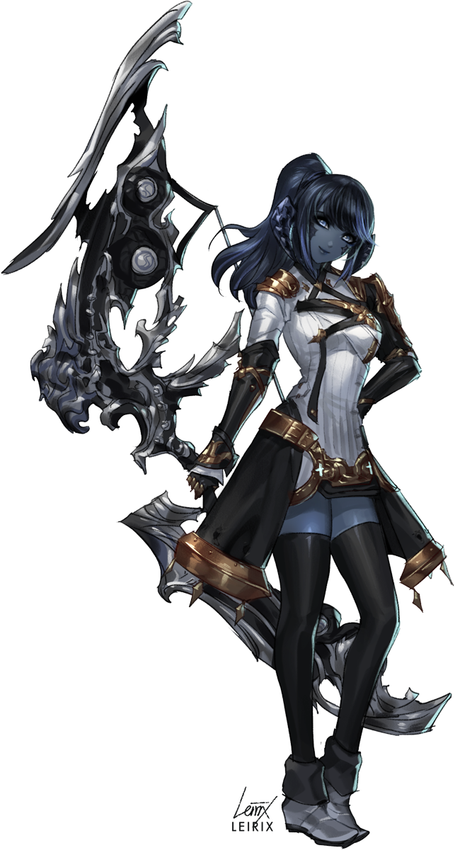 1girl arm_guards au_ra bard_(final_fantasy) black_hair black_legwear black_skin bow_(weapon) breasts closed_mouth commission dragon_horns final_fantasy final_fantasy_xiv full_body gloves grey_eyes hand_on_hip highres holding holding_weapon horns leirix long_hair looking_at_viewer medium_breasts ponytail scales shoulder_armor showgirl_skirt signature smile solo standing thigh-highs transparent_background weapon