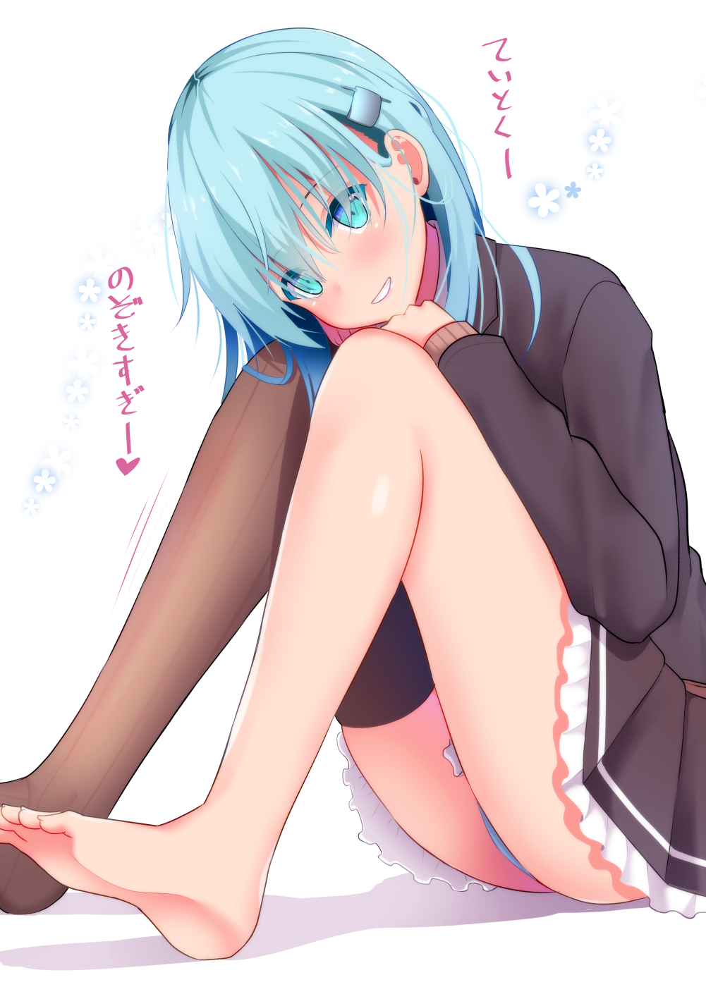 1girl aqua_eyes aqua_hair barefoot blush brown_shirt brown_skirt grin hair_ornament hairclip highres kantai_collection long_hair long_sleeves looking_at_viewer panties pleated_skirt remodel shirt simple_background single_thighhigh sitting skirt smile solo suzuya_(kantai_collection) takeyuu thigh-highs translated underwear white_background white_panties