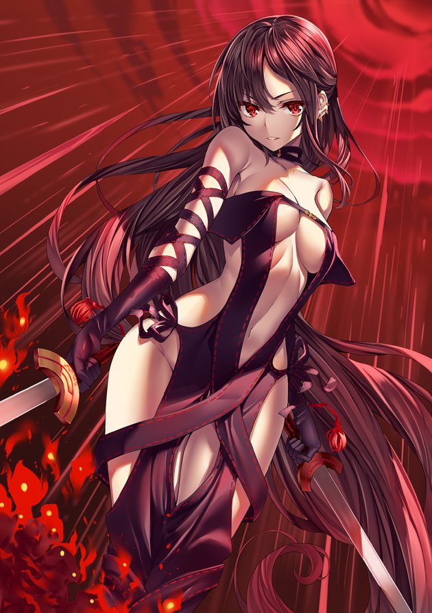 1girl arm_strap bangs bare_shoulders black_dress black_gloves blurry blurry_foreground breasts brown_hair center_opening choker collarbone consort_yu_(fate) depth_of_field dress dual_wielding earrings elbow_gloves fate/grand_order fate_(series) fire floating_hair glint gloves heirou holding holding_sword holding_weapon jewelry light_particles light_rays long_hair looking_at_viewer medium_breasts multiple_earrings navel petals red_eyes revealing_clothes sidelocks solo strapless strapless_dress sword very_long_hair weapon wind