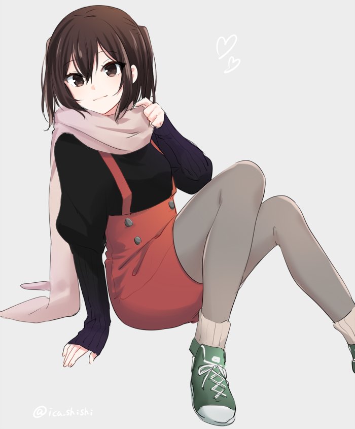 1girl black_sweater brown_eyes brown_hair closed_mouth commentary_request eyebrows_visible_through_hair green_footwear grey_background grey_legwear grey_scarf hair_between_eyes heart high-waist_skirt ica kantai_collection pantyhose red_skirt ribbed_sweater scarf sendai_(kantai_collection) shoes simple_background sitting skirt sleeves_past_wrists smile socks solo suspender_skirt suspenders sweater twitter_username two_side_up