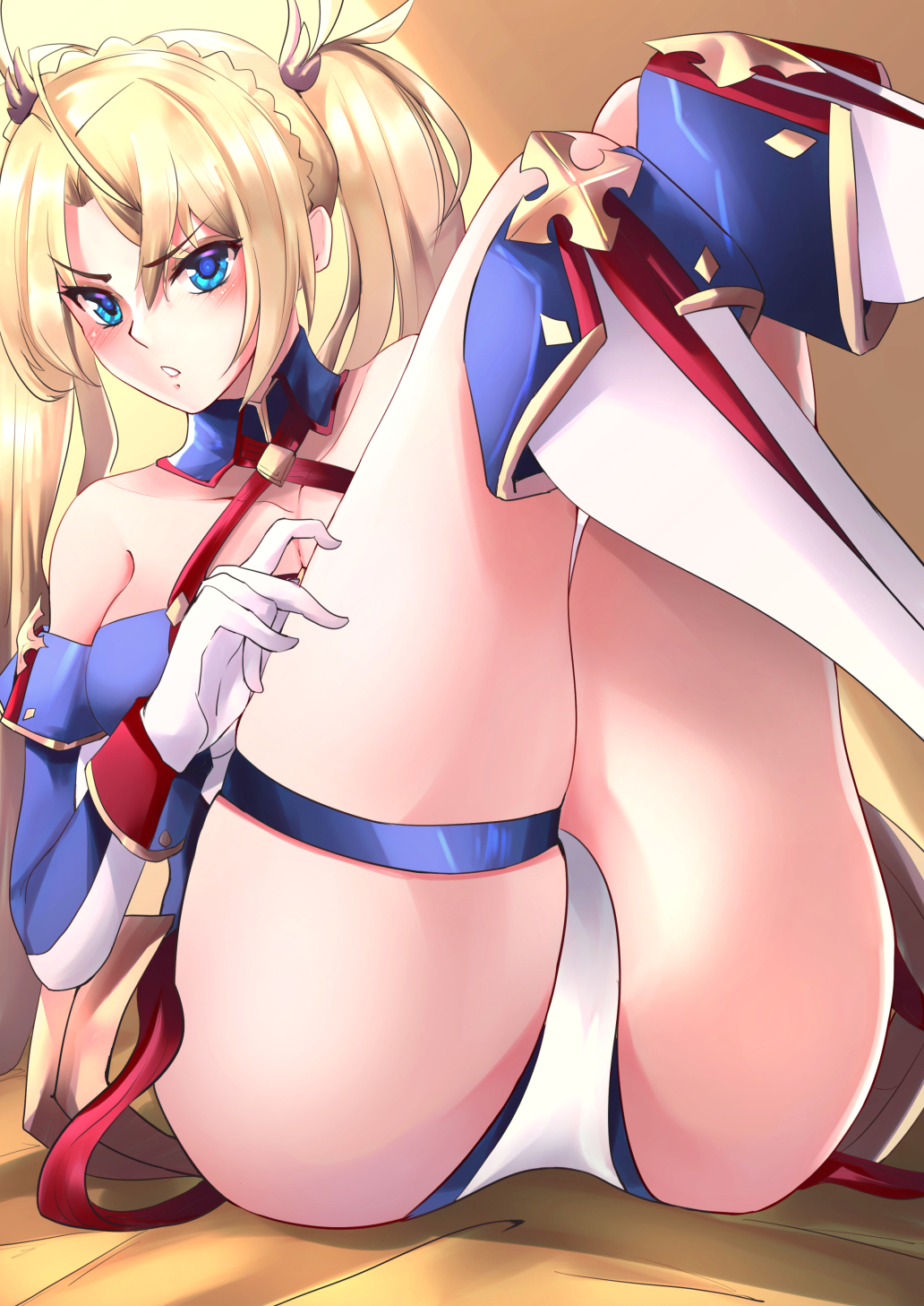 1girl ass bangs bare_shoulders blonde_hair blue_eyes blush boots bradamante_(fate/grand_order) braid breasts cleavage elbow_gloves fate/grand_order fate_(series) french_braid gloves hair_between_eyes hair_ornament highres hips knee_boots knees_up large_breasts leotard long_hair looking_at_viewer open_mouth shumiao sitting solo thigh_strap thighs twintails white_footwear