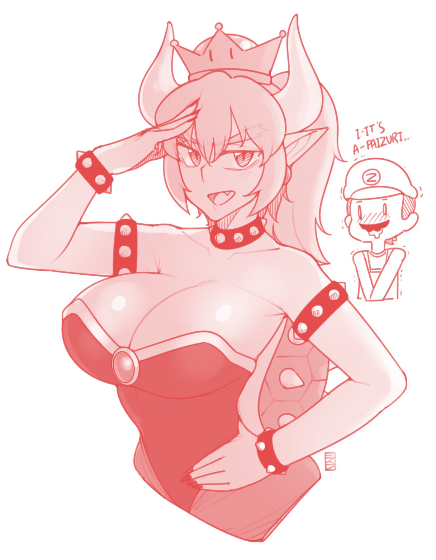 1boy 1girl :d bare_shoulders black_nails bowsette bracelet breasts chibi chibi_inset cleavage collar crown earrings ekz_(drawfag) english eyebrows_visible_through_hair fang fingernails hair_between_eyes hand_on_hip highres horns jewelry large_breasts leotard long_hair looking_at_viewer mario super_mario_bros. nail_polish new_super_mario_bros._u_deluxe nintendo open_mouth pointy_ears ponytail signature simple_background slit_pupils smile solo_focus spiked_bracelet spiked_collar spiked_shell spikes super_crown thick_eyebrows turtle_shell upper_body white_background