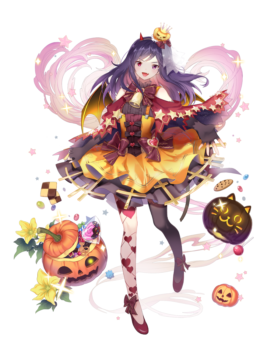 1girl :d bat_wings bell black_hair black_legwear black_skirt bow candy checkerboard_cookie cookie demon_horns dress elina_(teria_saga) fang flower food full_body hair_ornament heart heterochromia horns jack-o'-lantern lollipop long_hair mismatched_legwear open_mouth orange_dress red_bow red_eyes skirt smile solo standing star teria_saga violet_eyes white_background wings wrapped_candy yellow_flower