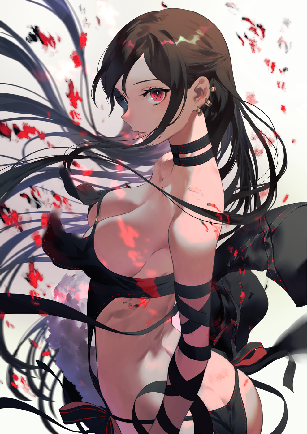 1girl ass bangs bare_shoulders black_dress breasts brown_hair center_opening choker cleavage collarbone consort_yu_(fate) dress earrings fate/grand_order fate_(series) floating_hair from_side fur_trim highres jewelry long_hair looking_at_viewer medium_breasts multiple_earrings red_eyes revealing_clothes salmon88 sidelocks solo strapless strapless_dress twisted_torso very_long_hair wind wind_lift