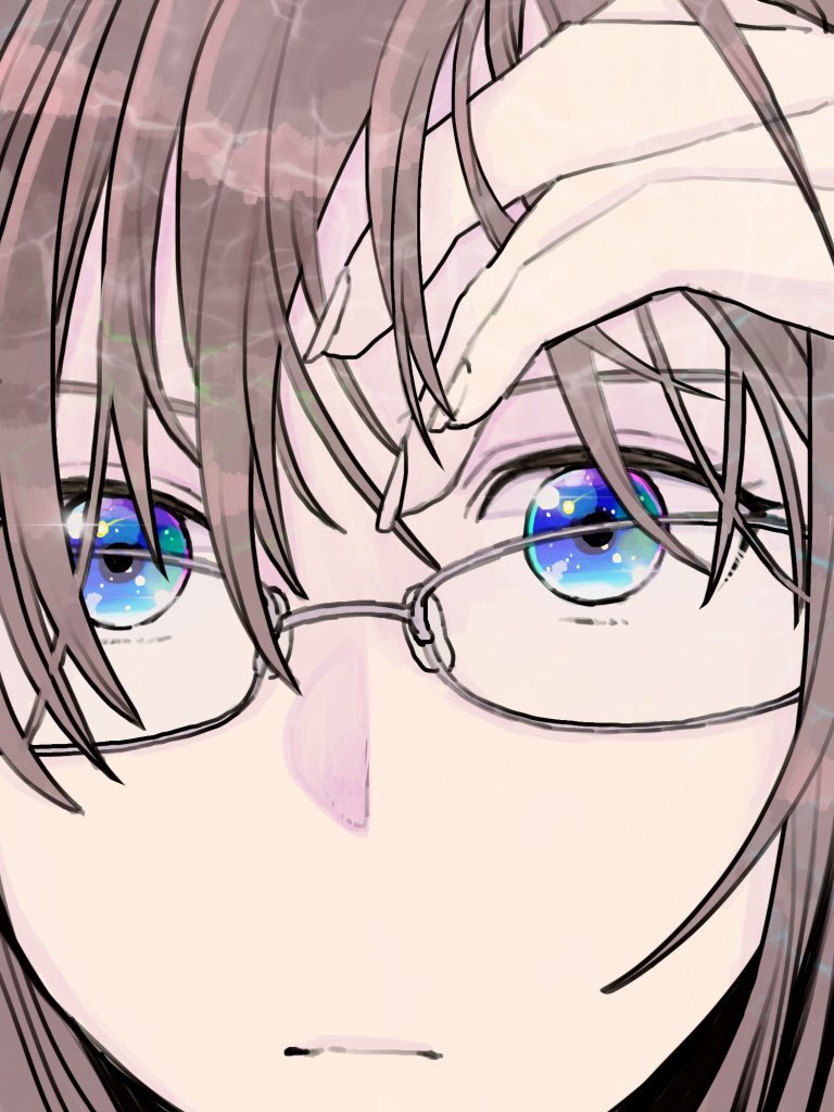 1girl bangs blue_eyes brown_hair closed_mouth commentary_request copyright_request expressionless fingernails glasses grey-framed_eyewear hand_up looking_at_viewer multicolored multicolored_eyes portrait solo violet_eyes yami_(m31)