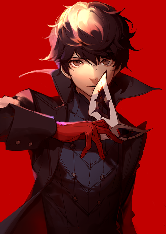 1boy amamiya_ren ask_(askzy) black_hair gloves holding looking_at_viewer male_focus mask persona persona_5 red_eyes red_gloves short_hair simple_background smile solo