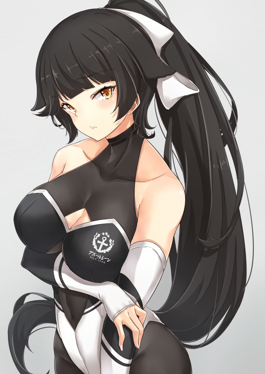 1girl alternate_costume arm_under_breasts asya azur_lane bangs bare_shoulders black_hair black_legwear blush bow breasts brown_eyes cleavage cleavage_cutout closed_mouth clothes_writing collarbone commentary_request covered_collarbone elbow_gloves eyebrows_visible_through_hair fingerless_gloves gloves hair_bow head_tilt highres large_breasts leotard long_hair looking_at_viewer pantyhose ponytail ribbon sidelocks solo takao_(azur_lane) tsurime very_long_hair white_bow white_ribbon