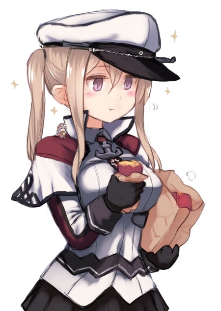 1girl bag black_gloves black_legwear black_skirt blonde_hair breasts capelet commentary_request cowboy_shot eating food gloves graf_zeppelin_(kantai_collection) grey_eyes hair_between_eyes hat iron_cross kantai_collection large_breasts military military_hat military_uniform miniskirt necktie pantyhose paper_bag peaked_cap pleated_skirt sidelocks simple_background skirt solo standing sweet_potato tsurime twintails uniform upper_body utopia white_background white_hat