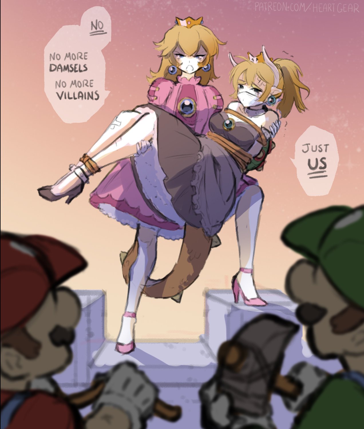 2boys 2girls bandaid bandaid_on_face black_collar black_dress blonde_hair blue_earrings bound bowsette bracelet carrying collar crown dress earrings english gagged gloves heartgear highres horns injury jewelry luigi mallet mario super_mario_bros. multiple_boys multiple_girls new_super_mario_bros._u_deluxe nintendo pointy_ears princess_carry rope skirt spiked_armlet spiked_bracelet spiked_collar spiked_shell spiked_tail spikes strapless strapless_dress super_crown super_mario_bros. tail tied_up trembling turtle_shell