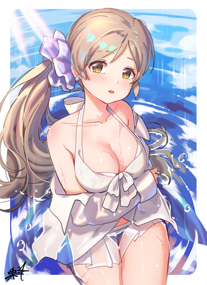 1girl arm_under_breasts bangs bare_shoulders bikini blush bow bow_bikini breast_hold breasts brown_eyes cleavage collarbone collared_shirt commentary_request earrings eyebrows_visible_through_hair handa_roko head_tilt idolmaster idolmaster_million_live! jewelry kuri_choko light_brown_hair long_hair long_sleeves low_ponytail medium_breasts off_shoulder parted_lips ripples shirt side_ponytail sidelocks signature sleeves_past_wrists solo swimsuit very_long_hair water white_bikini white_bow white_shirt