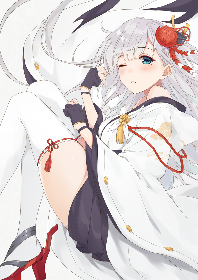 1girl azuki_yui azur_lane bangs bare_shoulders black_gloves black_skirt blue_eyes blush breasts commentary_request eyebrows_visible_through_hair eyeshadow fetal_position flower gloves hair_flower hair_ornament high_heels japanese_clothes kanzashi kimono knees_up long_hair long_sleeves looking_at_viewer makeup medium_breasts miniskirt mole mole_under_eye off_shoulder one_eye_closed parted_lips partly_fingerless_gloves rudder_shoes shoukaku_(azur_lane) simple_background skirt solo spider_lily tassel thigh-highs white_background white_hair white_kimono white_legwear wide_sleeves