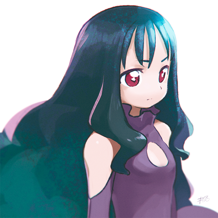 1girl bangs bare_shoulders black_hair breasts cleavage_cutout closed_mouth commentary_request copyright_request dress expressionless long_hair purple_dress red_eyes reiesu_(reis) signature simple_background small_breasts solo upper_body white_background