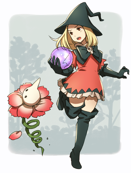 1girl blonde_hair boots bow brave_fencer_musashiden breasts commentary_request dress flower giara gloves hat long_hair monster sassa_(cb) thigh-highs thigh_boots witch_hat