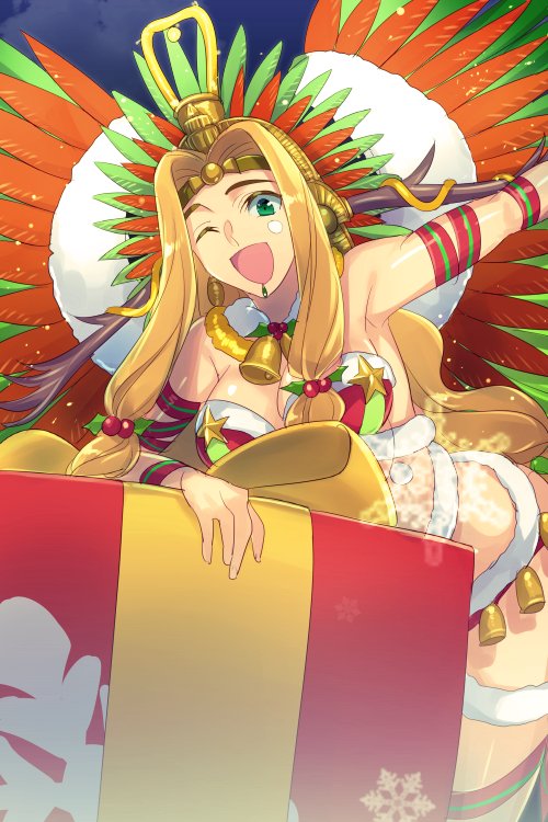 1girl bell blonde_hair box breasts cis05 fake_wings fate/grand_order fate_(series) gift gift_box green_eyes long_hair low-tied_long_hair one_eye_closed quetzalcoatl_(fate/grand_order) quetzalcoatl_(samba_santa)_(fate) santa_bikini snowflakes wings