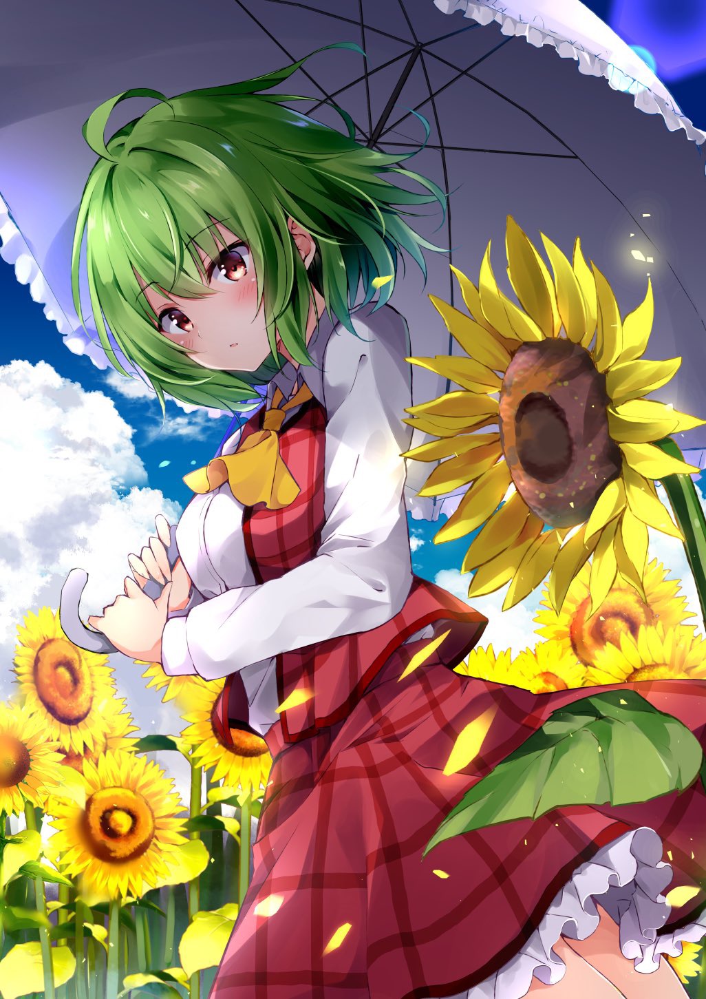 1girl ahoge ascot bangs blue_sky blush breasts clouds commentary_request cowboy_shot day eyebrows_visible_through_hair field flower flower_field green_hair hair_between_eyes head_tilt highres holding holding_umbrella hyurasan kazami_yuuka large_breasts looking_at_viewer outdoors parted_lips petticoat plaid plaid_skirt plaid_vest red_eyes red_skirt red_vest shirt short_hair skirt skirt_set sky solo standing sunflower touhou umbrella vest white_shirt wing_collar yellow_neckwear